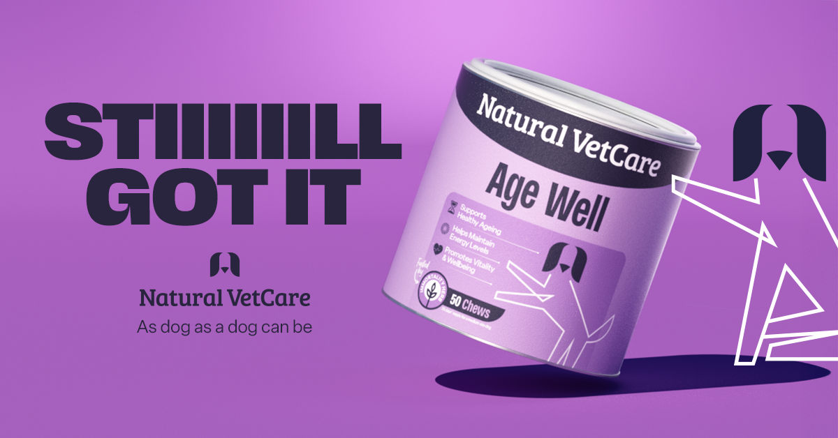 A purple container of Natural VetCare Age Well supplement for dogs, designed to support healthy aging.