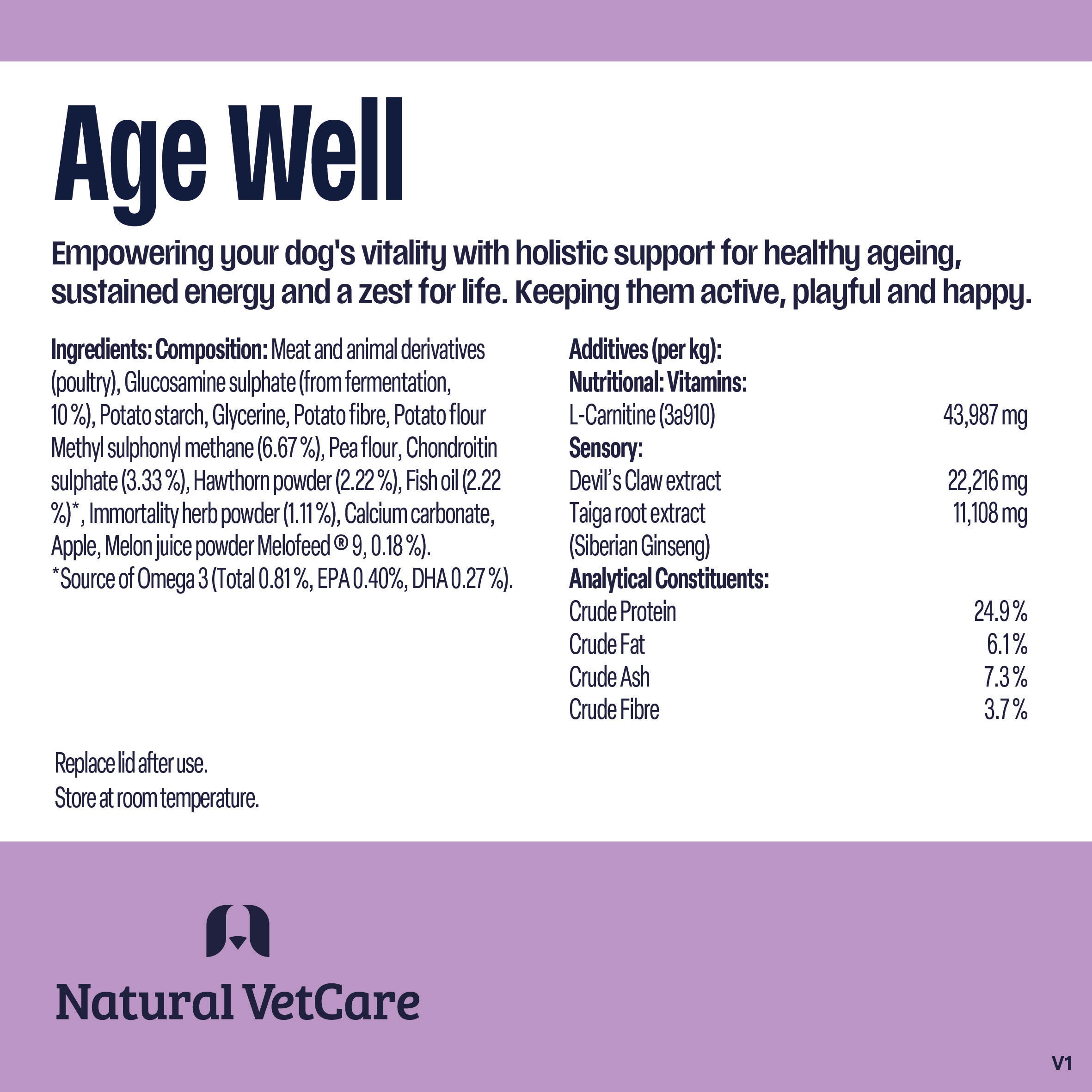 Product label for 'Age Well' supplement chews by Natural VetCare with ingredient and nutritional information.
