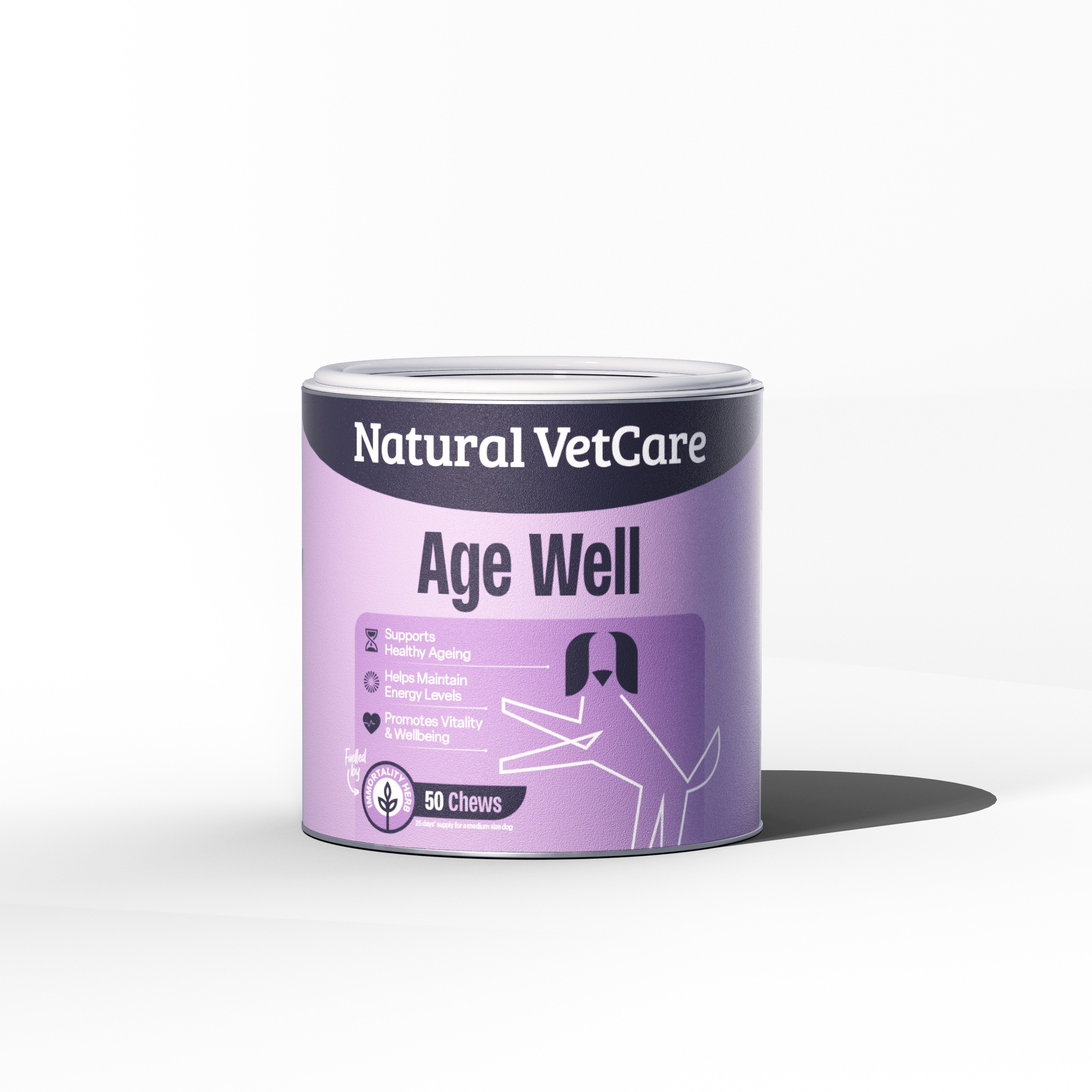 Purple container of Natural VetCare Age Well on a black background