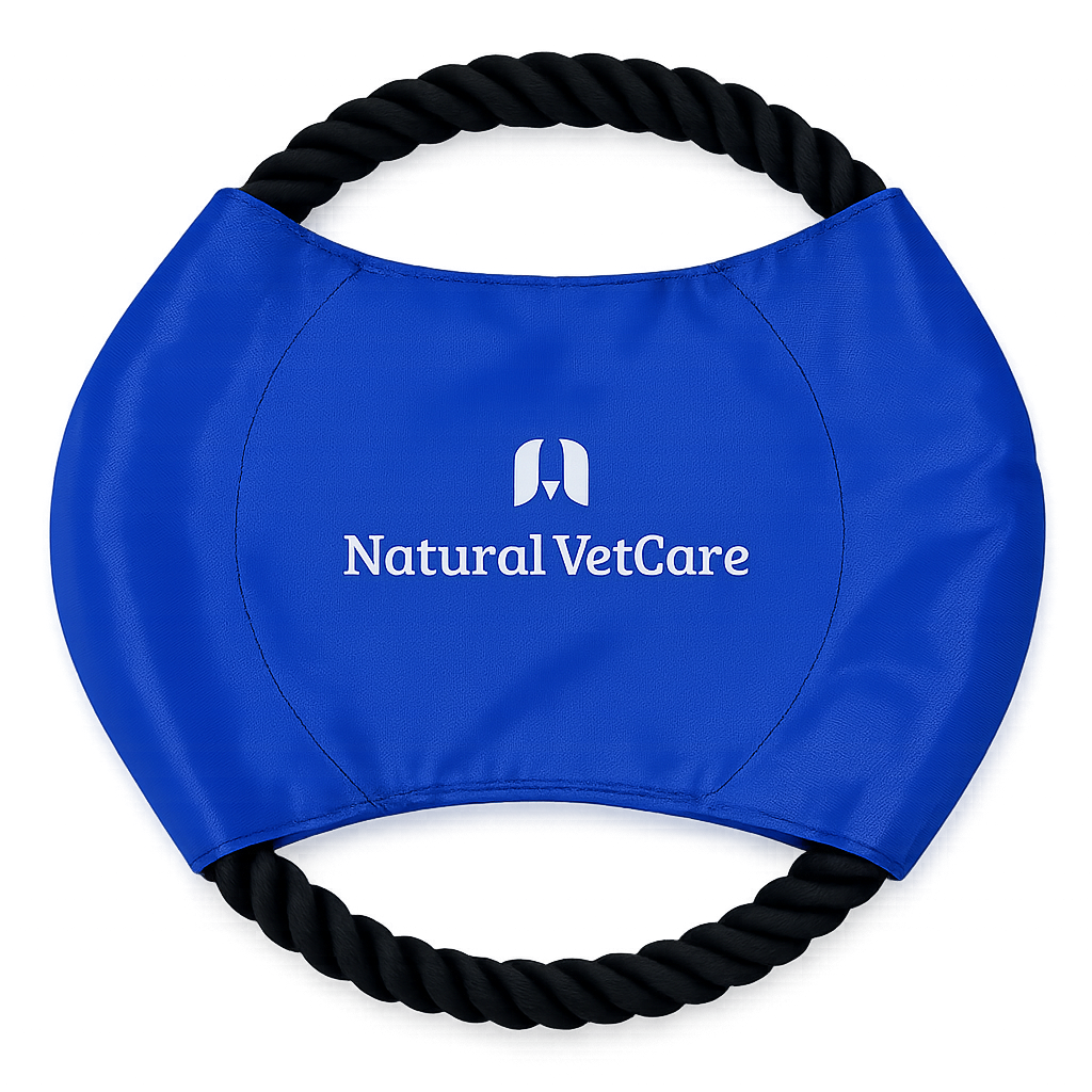 Blue dog toy with black rope handles and 'Natural VetCare' logo on a white background