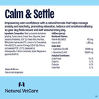 Product label for 'Calm & Settle' supplement chews by Natural VetCare with ingredient and nutritional information.