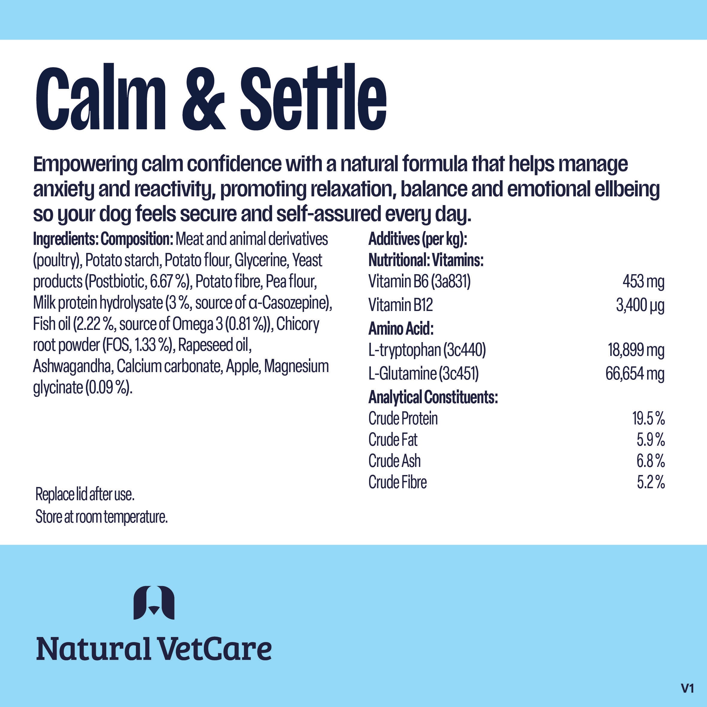 Product label for 'Calm & Settle' supplement chews by Natural VetCare with ingredient and nutritional information.