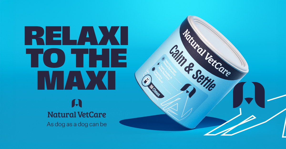 A container of Natural VetCare Calm and Settle dog supplement, featuring a calming blue label with a dog illustration.