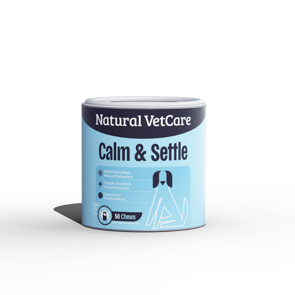 Natural VetCare Calm & Settle product container on a green background