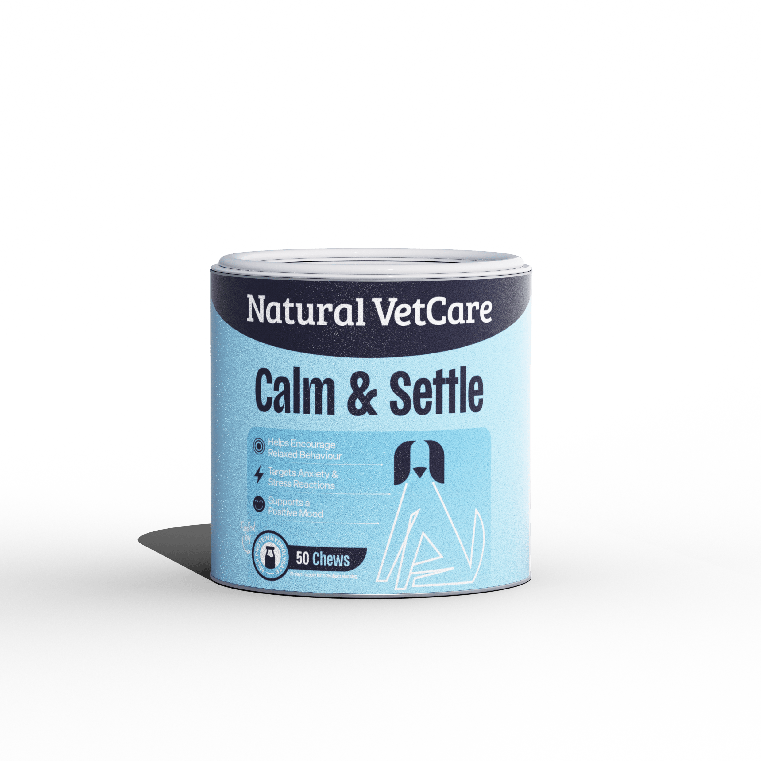 Natural VetCare Calm & Settle product container on a green background