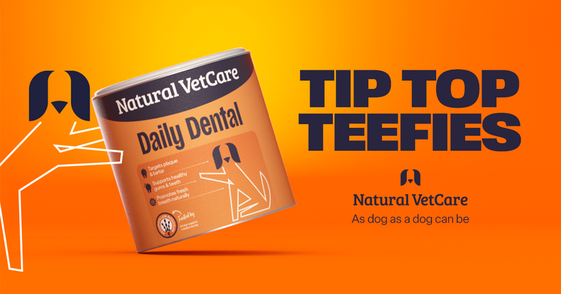 A product container for Natural VetCare Daily Dental supplements, designed to support oral hygiene and fresh breath in dogs.