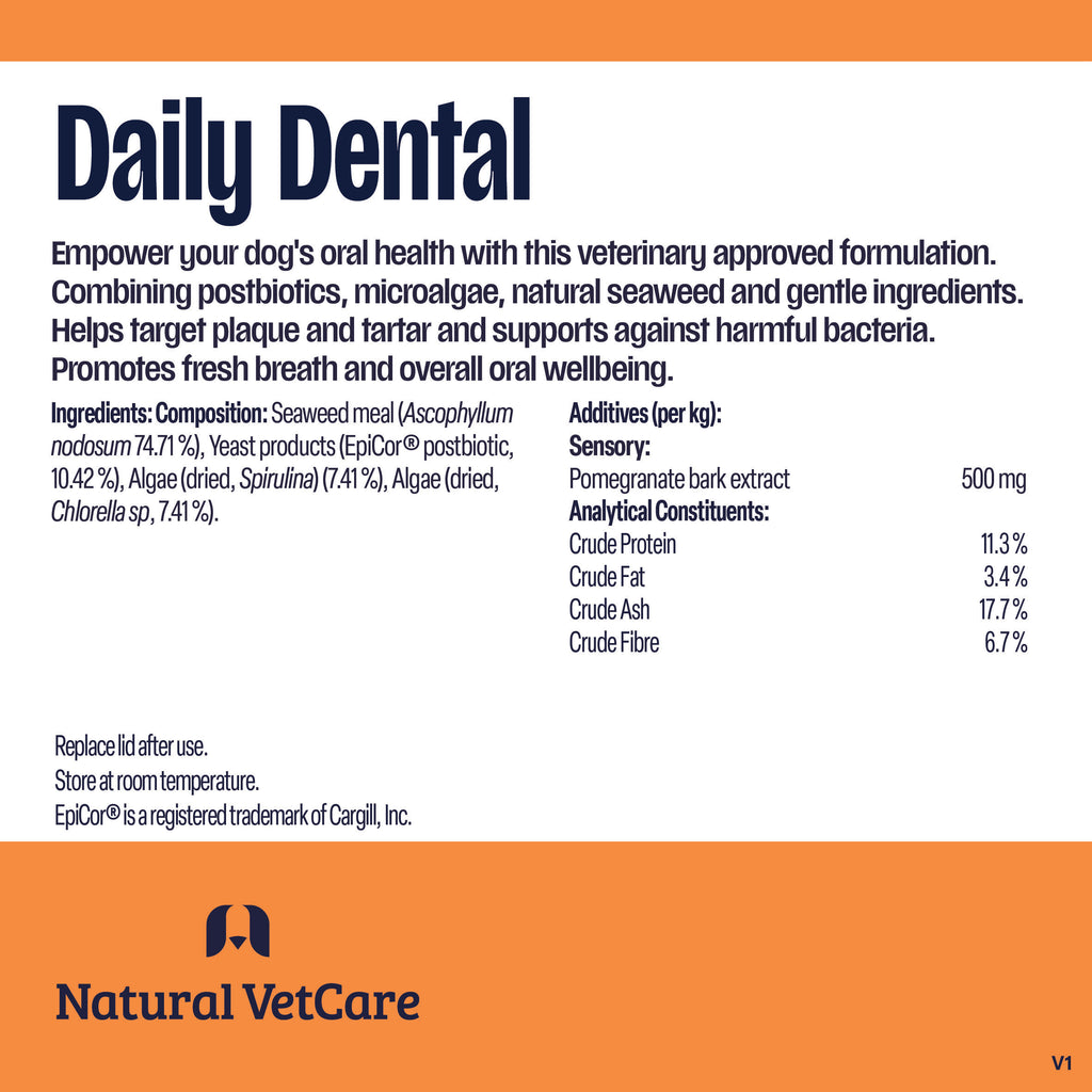 Product label and ingredient composition for Daily Dental by Natural VetCare with text and branding.