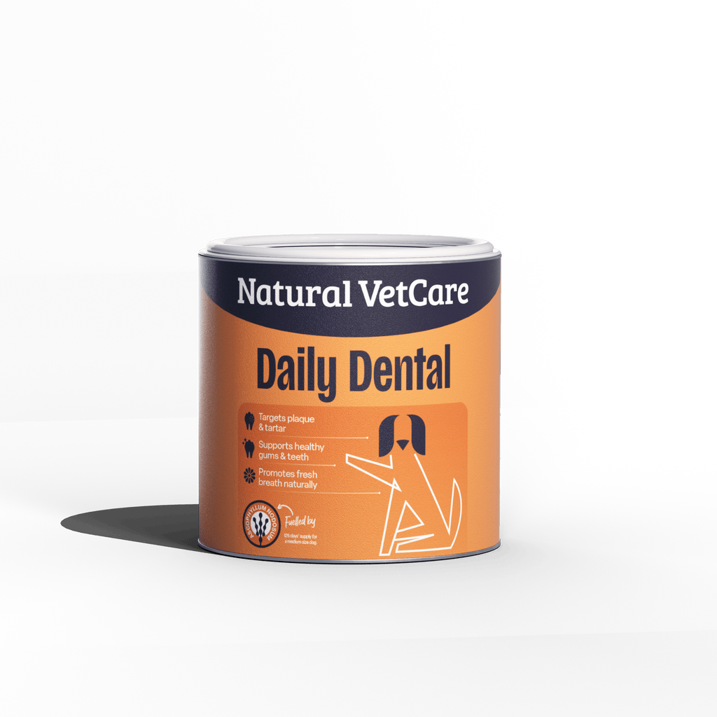 Natural VetCare Daily Dental dog supplement on a dark background