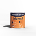Natural VetCare Daily Dental dog supplement on a dark background