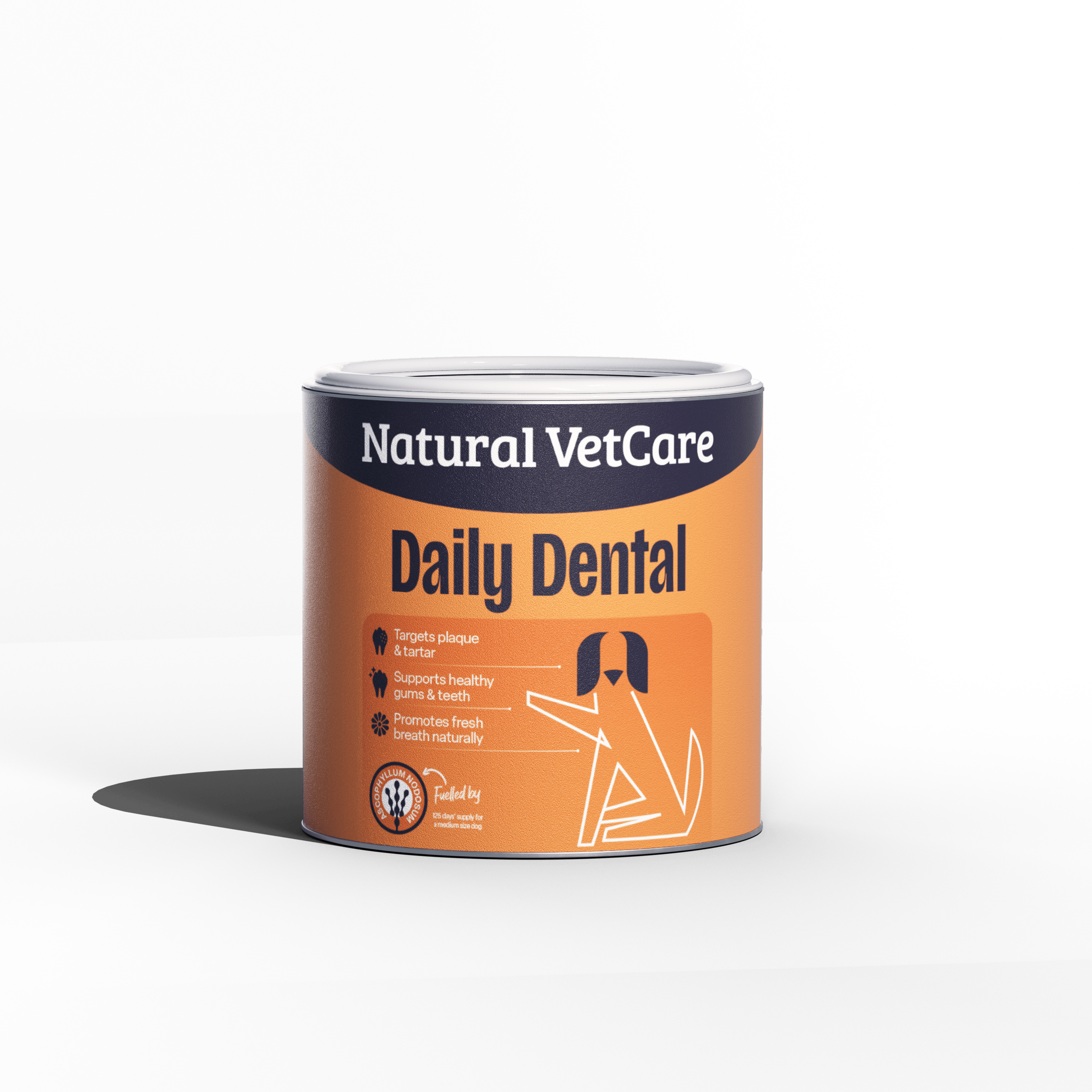 Natural VetCare Daily Dental dog supplement on a dark background