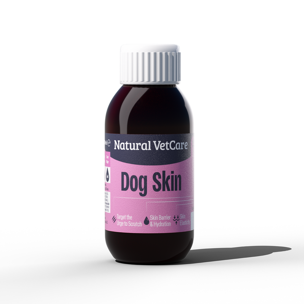 Bottle of Natural VetCare Dog Skin supplement on a white background