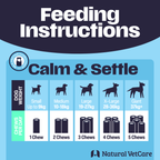 Feeding instructions for Natural VetCare Calm & Settle dog chews with weight guidelines on a blue background.
