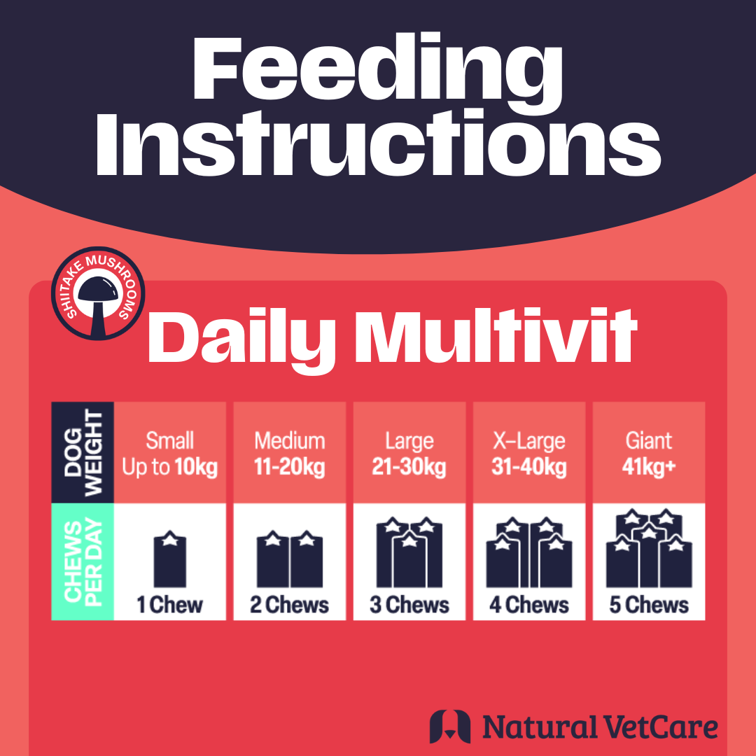 Feeding instructions for Natural VetCare Daily Multivit dog chews with Natural VetCare logo.