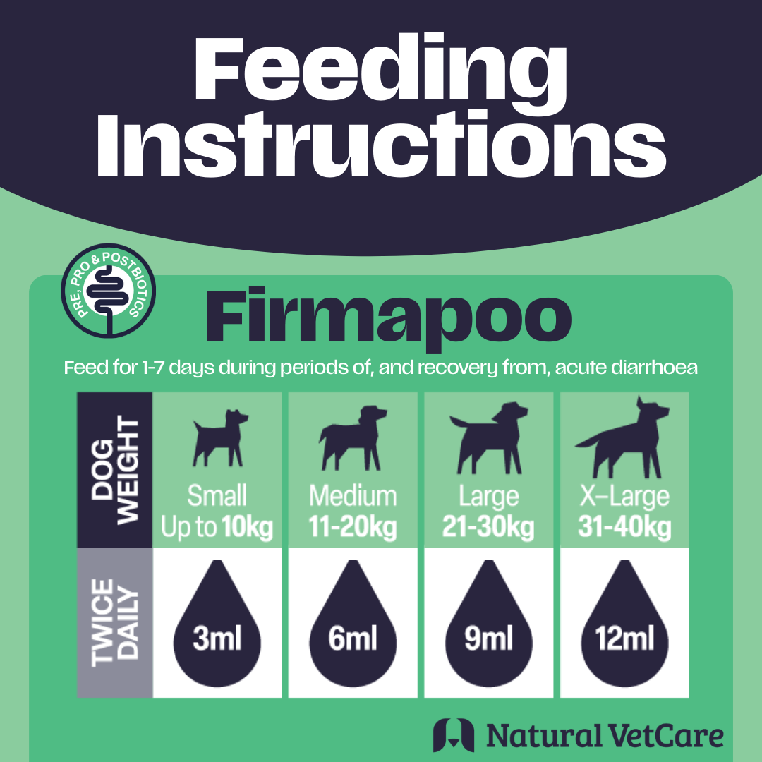 Feeding instructions for Firmapoo by Natural VetCare on a green and navy background