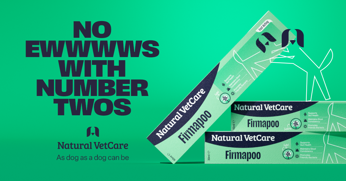 Product packaging for Natural VetCare Firmapoo, a supplement for dogs, featuring three boxes on a solid green background.