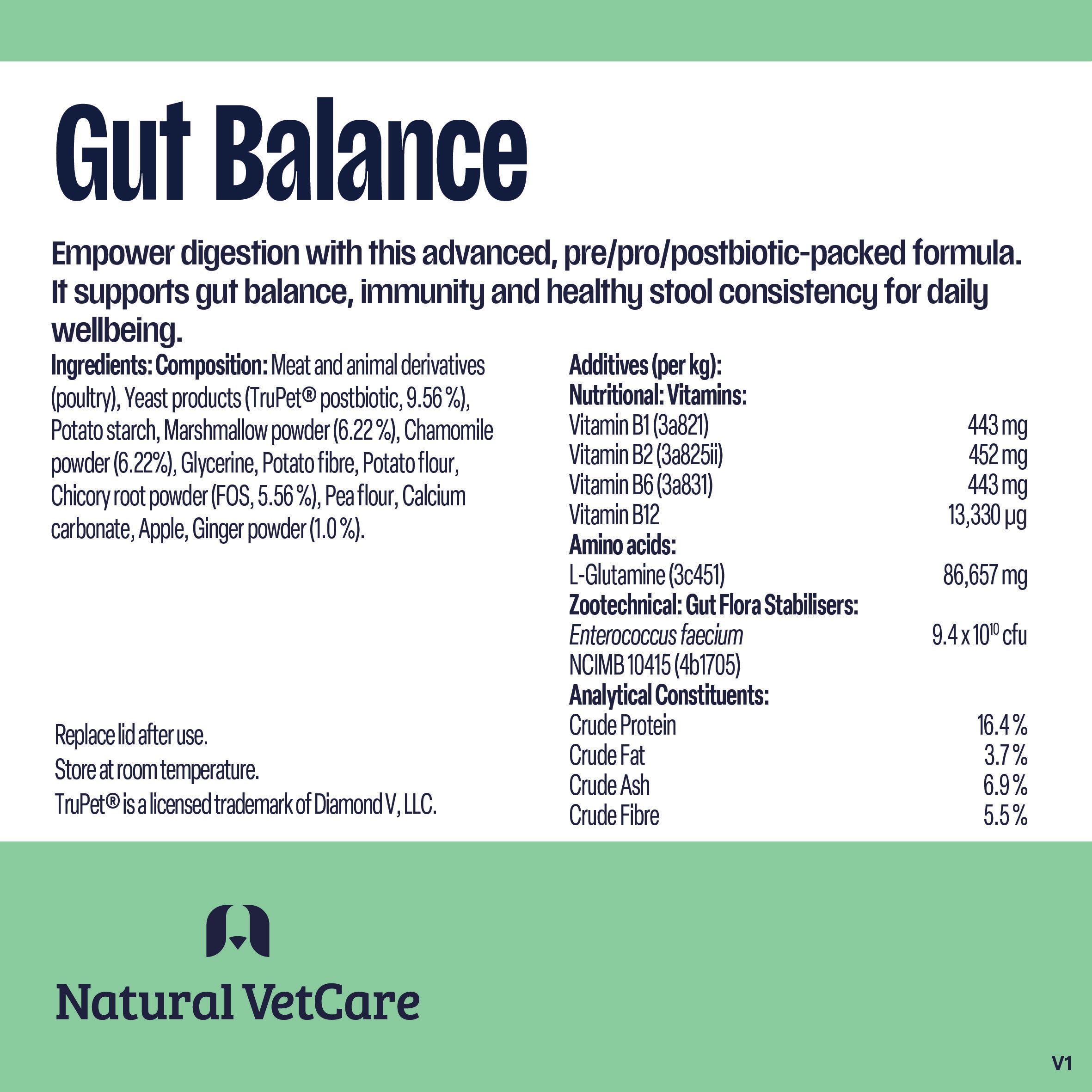 Product information and ingredient composition for Natural VetCare Gut Balance supplement chews.
