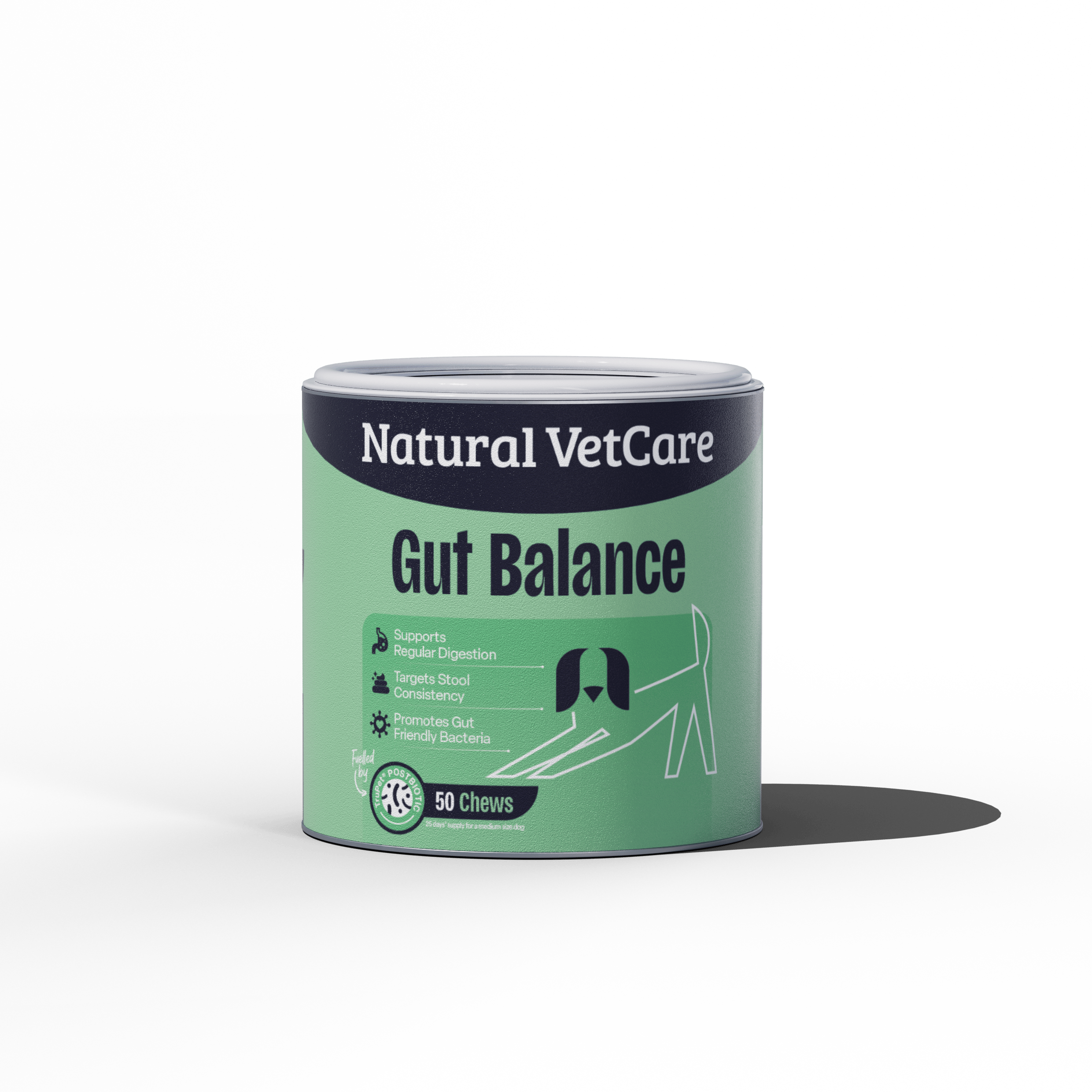 Canister of Natural VetCare Gut Balance on a green background
