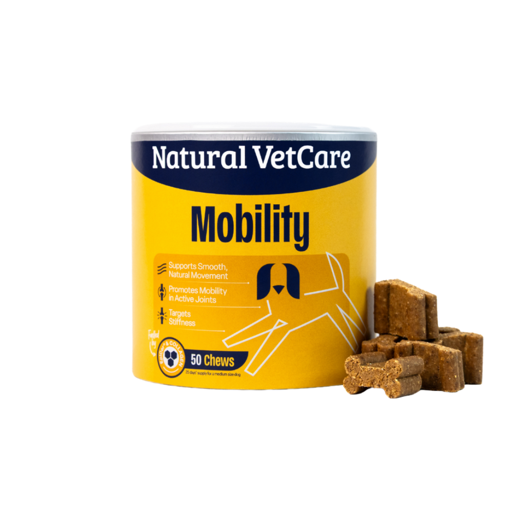 Natural VetCare Mobility pet supplement can with treats on a white background