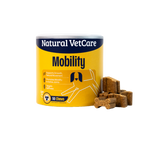 Natural VetCare Mobility pet supplement can with treats on a white background