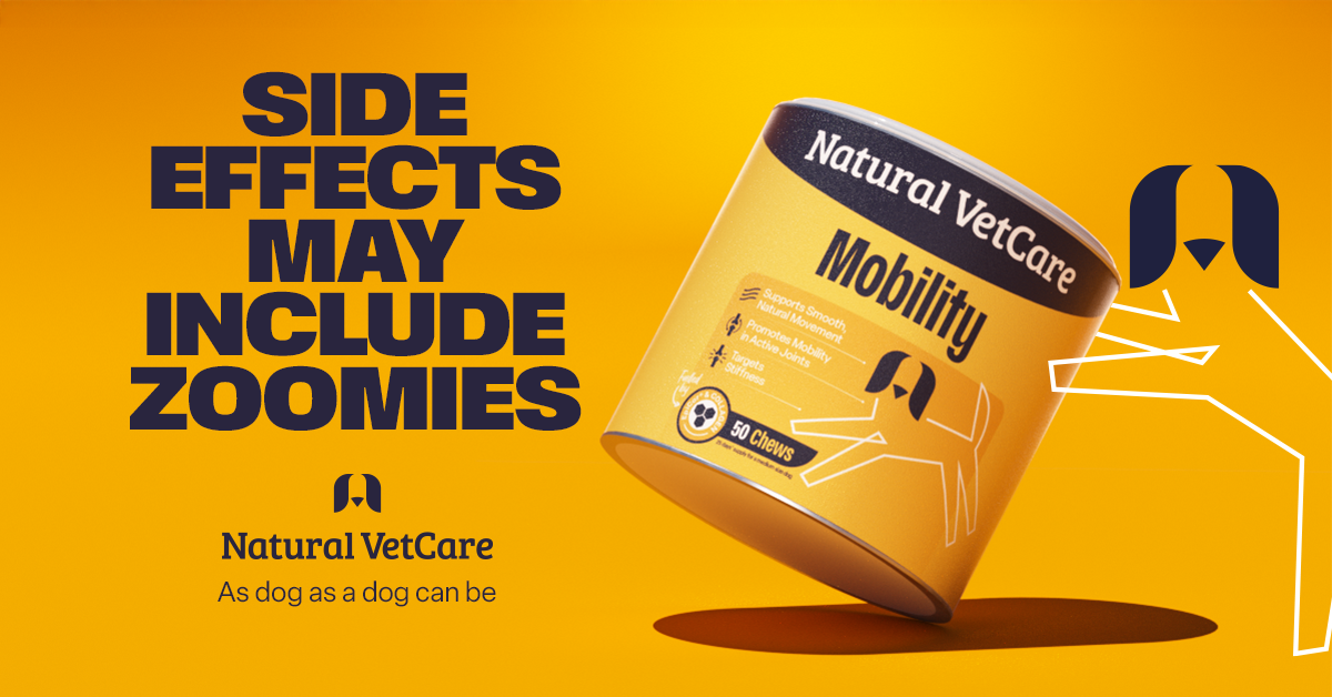 A container of Natural VetCare Mobility supplement, designed to support joint health and flexibility in dogs.