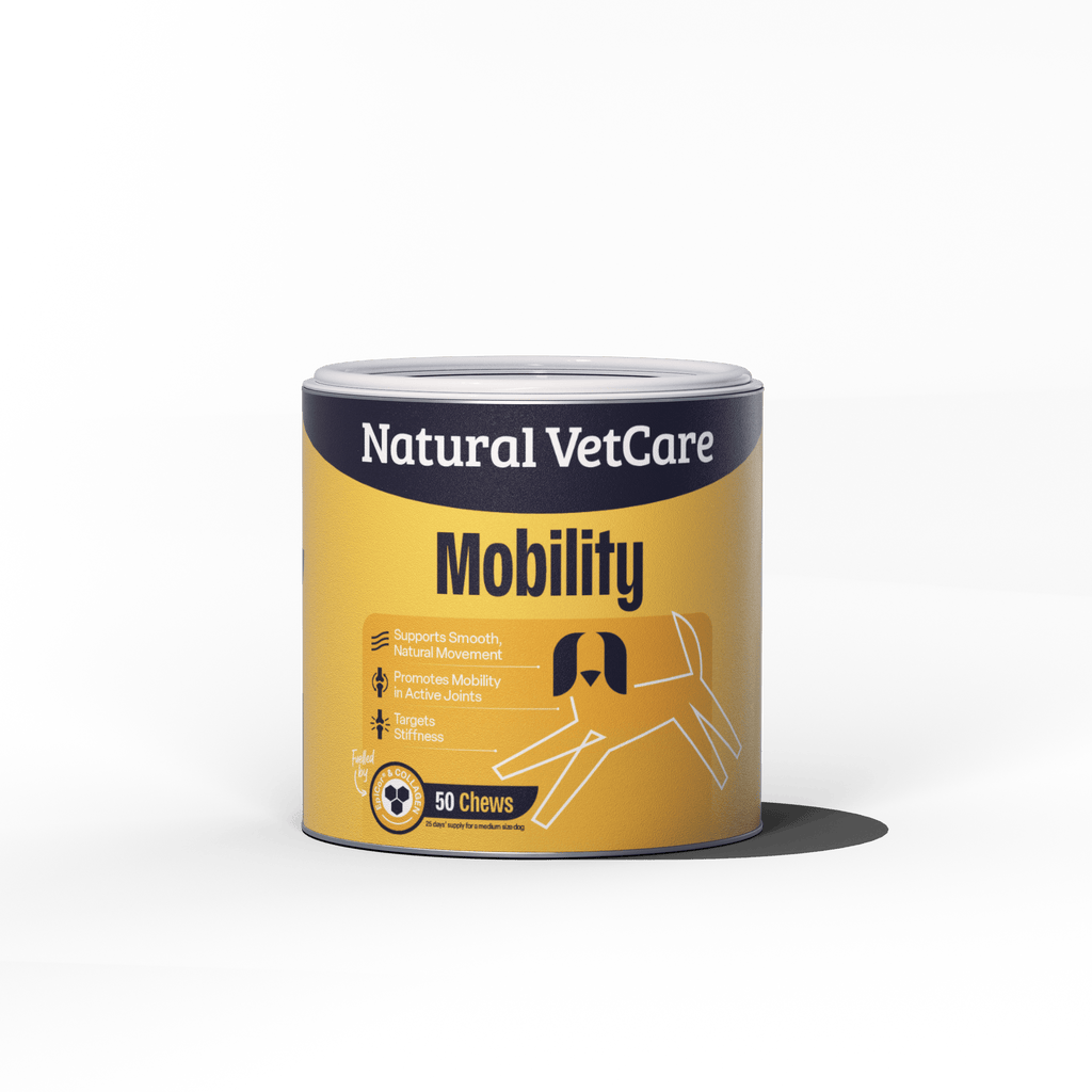 Canister of Natural VetCare Mobility product on a dark background
