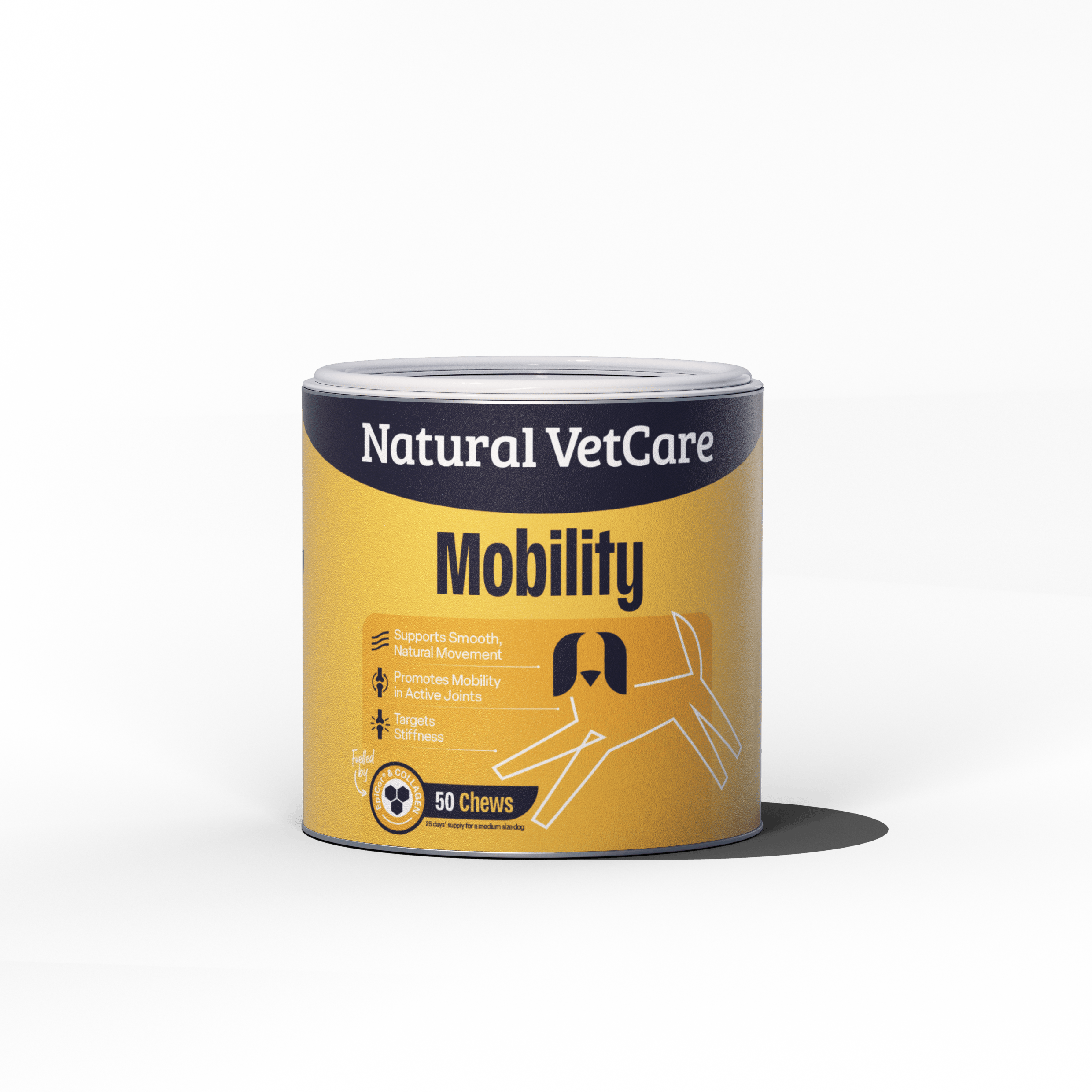 Canister of Natural VetCare Mobility product on a dark background