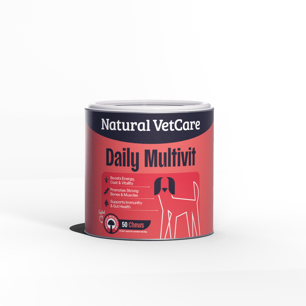 Natural VetCare Daily Multivit for dogs on a black and green gradient background