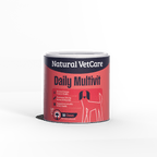 Natural VetCare Daily Multivit for dogs on a black and green gradient background