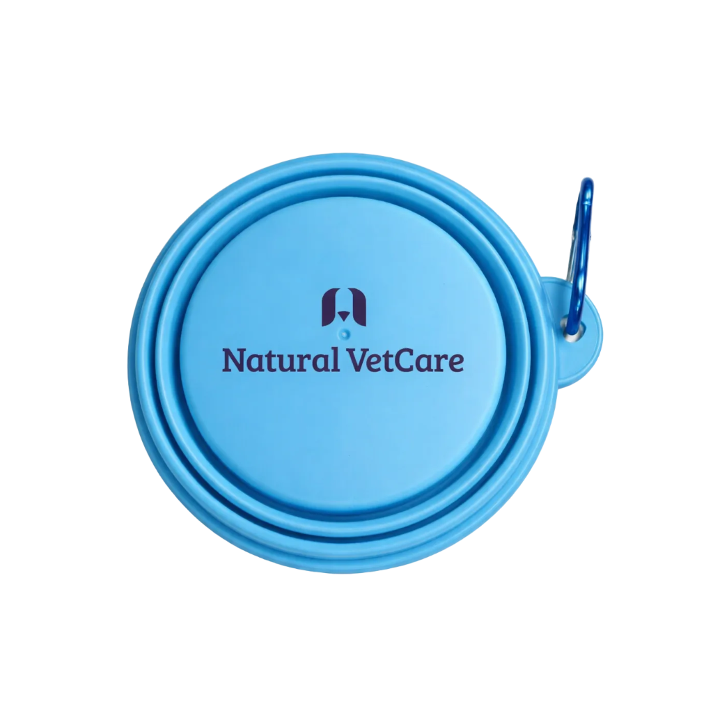 Blue silicone dog bowl with 'Natural VetCare' logo on a white background