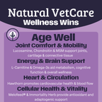 Natural VetCare Age Well supplement Wellness Wins with product benefits listed on a purple background.