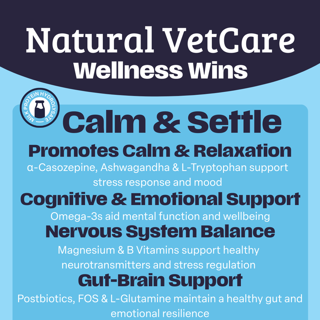 Natural VetCare Calm & Settle supplement product wellness wins with text on a light and dark background.