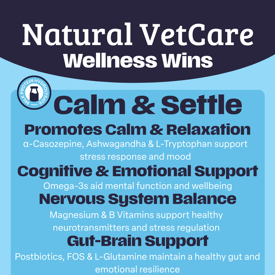 Natural VetCare Calm & Settle supplement product wellness wins with text on a light and dark background.