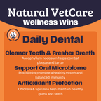 Natural VetCare Daily Dental product benefits listed on an orange and navy background.