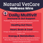 Natural VetCare Daily Multivit with product benefits on a red and navy background.