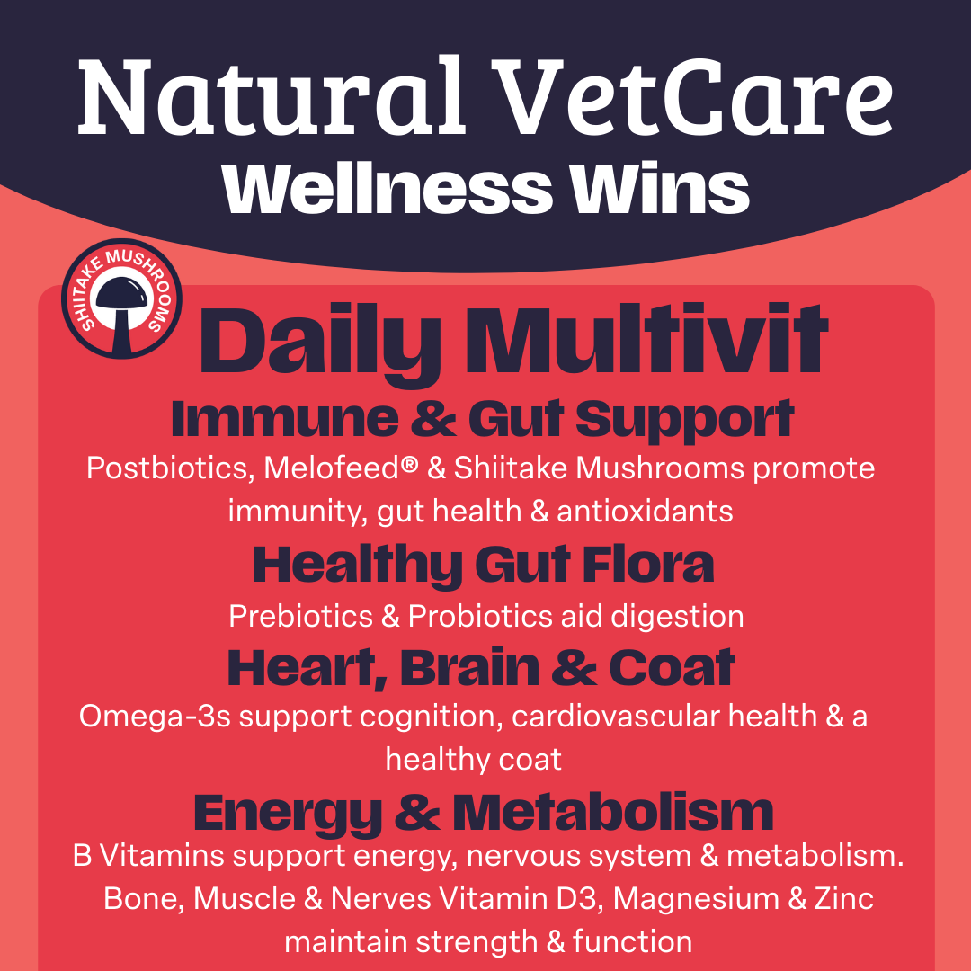 Natural VetCare Daily Multivit with product benefits on a red and navy background.