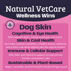 Natural VetCare Wellness Wins with benefits listed for Dog Skin supplement, cognitive, eye, skin, coat, immune, and cellular health on a pink and navy background.