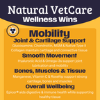Natural VetCare Wellness Wins with text on joint and cartilage support, smooth movement, bones, muscles, and tissue, and overall wellbeing.