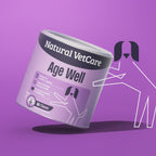 Video of animated dog pushing a tub of Natural VetCare Age Well supplement chews on a purple background.