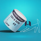 Video of an animated dog pushing a tub of Natural VetCare Calm & Settle supplement chews on a blue background.